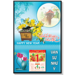lịch gỗ hoa mai nền xanh